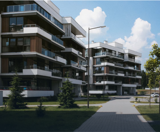 Modern multi-story apartment buildings with large balconies, surrounded by young trees and clear walkways on a sunny day with partly cloudy skies offer an ideal setting for those seeking personal lending opportunities.